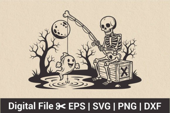 Cute Skeleton Fishing SVG Spooky Graphics