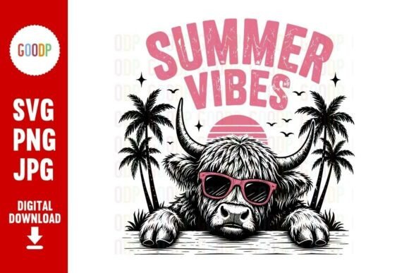 Highland Cow Summer Vibes PNG: Graphics & Freebies
