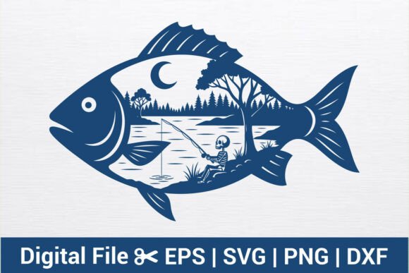 Skeleton Fishing Fish SVG Halloween PNG